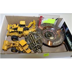 BOX W/ COLLECTIBLE TRACTORS/ASHTRA/DOOR KNOCKER
