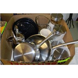 BOX W/BIRO POT & SKILLET SET, CANISTERS,