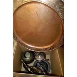 BOX OF ASSORTED BRASS, COPPER & SILVER PLATED