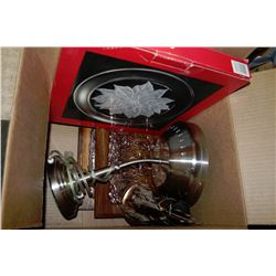 BOX OF MISC INCLUDES PLATTER, ELECTRIC MAGNIFYING