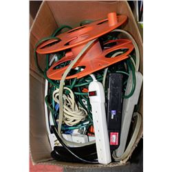 BOX OF EXTENSION CORDS, POWER BARS AND