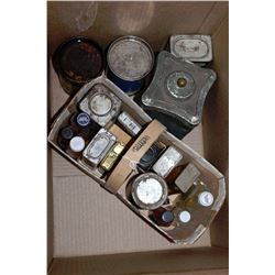 BOX OF VINTAGE/ANTIQUE COLLECTIBLE BOTTLES & TINS