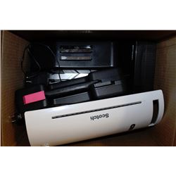 BOX OF MISC INCLUDING ROBOT VACUUM, LAMINATOR,