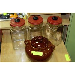 LOT OF CANISTERS AND CERAMIC BEAN POT