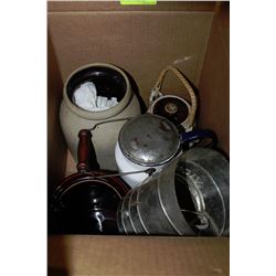 BOX OF VINTAGE CROCKS INCLUDING ENAMELWARE THERMOS