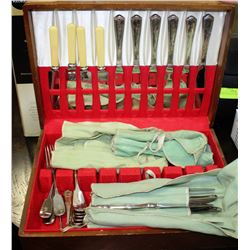 2 ANTIQUE SETS OF SILVERWARE IN WOODEN BOX