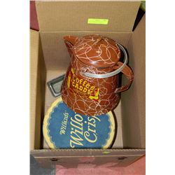 BOX OF PORCELAIN ENAMEL COFFEE CADDY INCLUDING