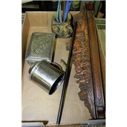 FLAT WITH ANTIQUE WOODEN TIE RACK INCLUDING SILVER