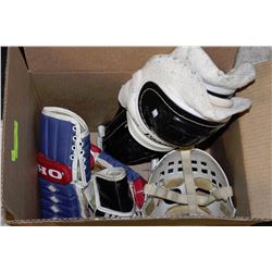 BOX OF VINTAGE HOCKEY EQUIPMENT