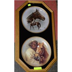 PR OF OAK FRAMED HORSE COLLECTOR PLATES ON CHOICE