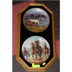 PR OF OAK FRAMED HORSE COLLECTOR PLATES ON CHOICE