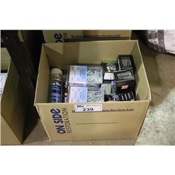 BOX OF ASSORTED SCREWS, FASTENERS, NEVER-SEEZ