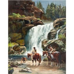 Jay Hester | 20th C. | Indians by Waterfall