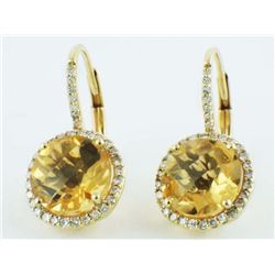 14K Yellow Gold 3.80ct Round Citrine Pavé Diamonds Halo Leverback Earrings