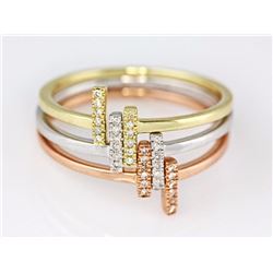 0.12ct Pavé Diamonds in 14K TriTone Gold Stackable T Bar Cuff Ring Set - Size 7
