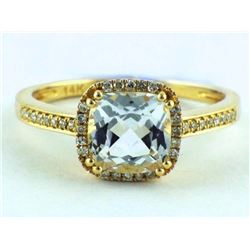 14K Yellow Gold 2.03ct Cushion White Topaz & Diamond Halo Ring - Size 7