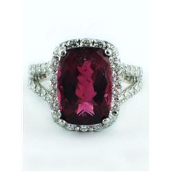 14K White Gold 6.41ct Cushion Rubellite Tourmaline & Diamond Cocktail Ring - 6