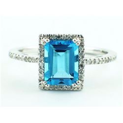 1.70ct Rectangular Blue Topaz with 0.11ct Diamonds Halo 14K Ring - Size 7