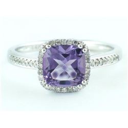 14K White Gold 1.40ct Cushion Amethyst & Diamond Halo Ring - Size 7