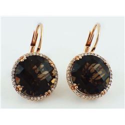 14K Rose Gold 12.41ct Round Smoky Quartz & Diamond Halo Leverback Earrings