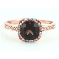 14K Rose Gold 1.38ct Cushion Smoky Quartz & Diamond Halo Ring - Size 7