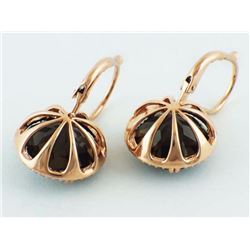 14K Rose Gold 12.41ct Round Smoky Quartz & Diamond Halo Leverback Earrings