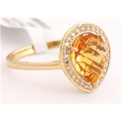 14K Yellow Gold with Pear Yellow Citrine & Diamonds Halo Ring - Size 6.5