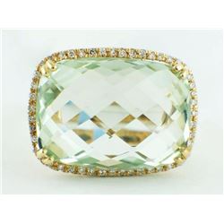 14K Yellow Gold 13.99ct Cushion Green Amethyst & Diamond Cocktail Ring Size 6.75