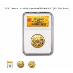 2004 Canada 1 oz Gold Maple Leaf MS-69 NGC (FS, 25th Anniv)