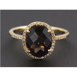 2.44ct Faceted Oval Smoky Quartz & Diamonds 14K Yellow Gold Halo Ring - Size 6.5