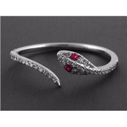 0.13ct Pavé Ruby & Diamonds 14K White Gold Snake of Slytherin Cuff Ring - Size 7