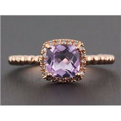 0.90ct Cushion Pink Amethyst & Diamonds 14K Rose Gold Birthstone Halo Ring - 6.5