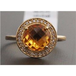14K Yellow Gold Faceted Round Citrine & Diamonds Cocktail Ring - Size 6.5