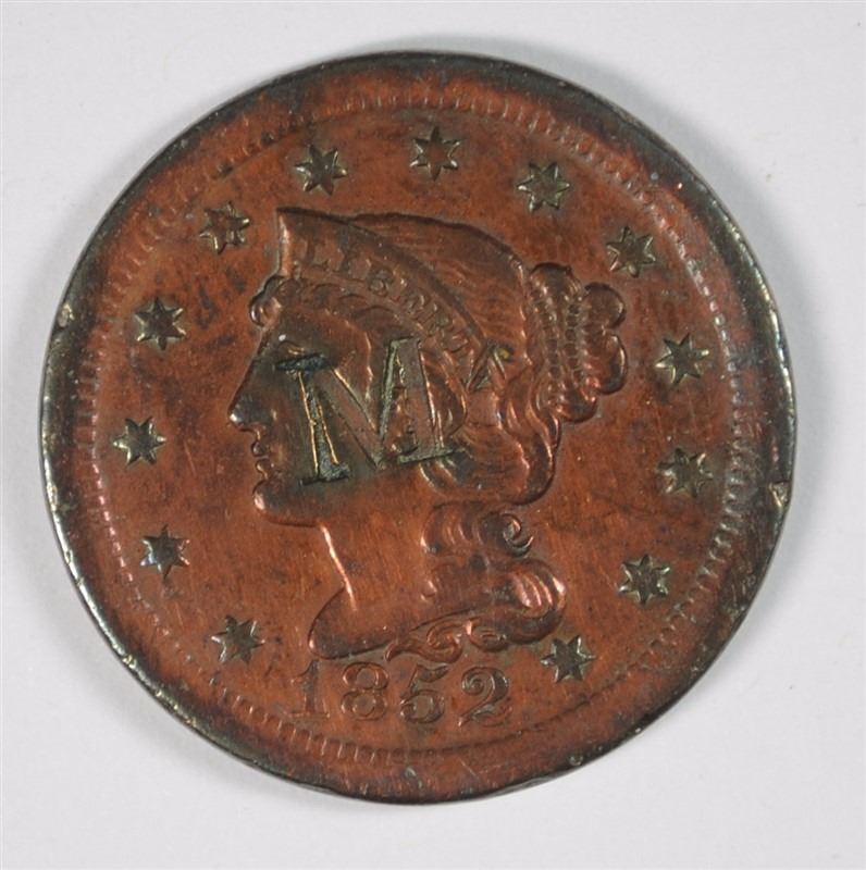 1852 LARGE CENT VF+ COUNTER STAMPED M