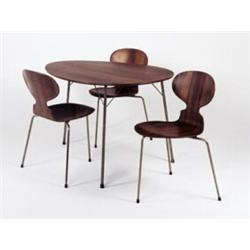 Arne Jacobsen, Dining table and three "Ant" chairs, ca. 1950s, manufactured by Fritz Hansen rosew...