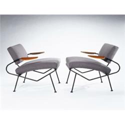 Dan Johnson, Pair of armchairs, ca. 1960, tubular metal, plywood, rubber, and gray upholstery (2)...