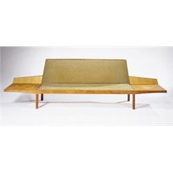 Paul Tuttle, Sofa, ca. 1960s, manufactured by Stanley Reifel walnut and caning with fabric uphols...