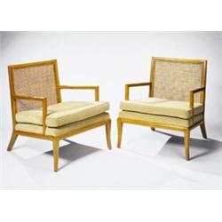 T.H. Robsjohn-Gibbings, Pair of Armchairs, ca. 1950, manufactured by Widdicomb, birch and caning ...