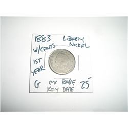 1883 WITH CENTS 1ST YEAR *EXTREMELY RARE KEY DATE* LIBERTY "V" NICKEL RED BOOK VALUE $25.00+ *NICE E
