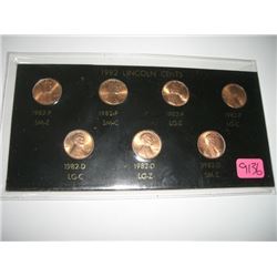 1982 LINCOLN PENNY COIN SET OF 7 TOTAL INCLUDING 82P-SMZ, 82P-SMC, 82P-LGZ, 82P-LGC, 82D-LGC, 82D-LG