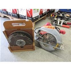 Used electric skill saw & caddy of blades