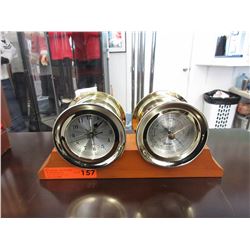 Glass plated clock & barometer on wood stand