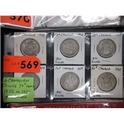 6 Canadian Silver 50 cent coins: 1955 - 1960