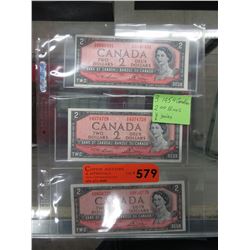 3 x 1954 Canadian $2 bills