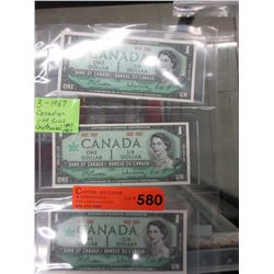 3 x 1967 Canadian $1 bills