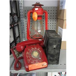 Vintage dial telephone, lantern & binoculars