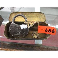 Miller padlock with key in brass box