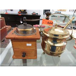 Vintage coffee bean grinder & brass mulling pot