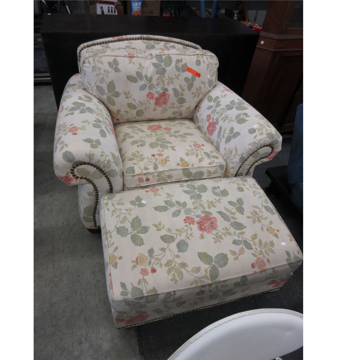 Overstuffed arm chair with ottoman used