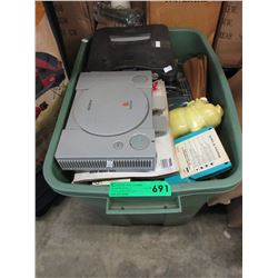 Tote of used household goods & electronics